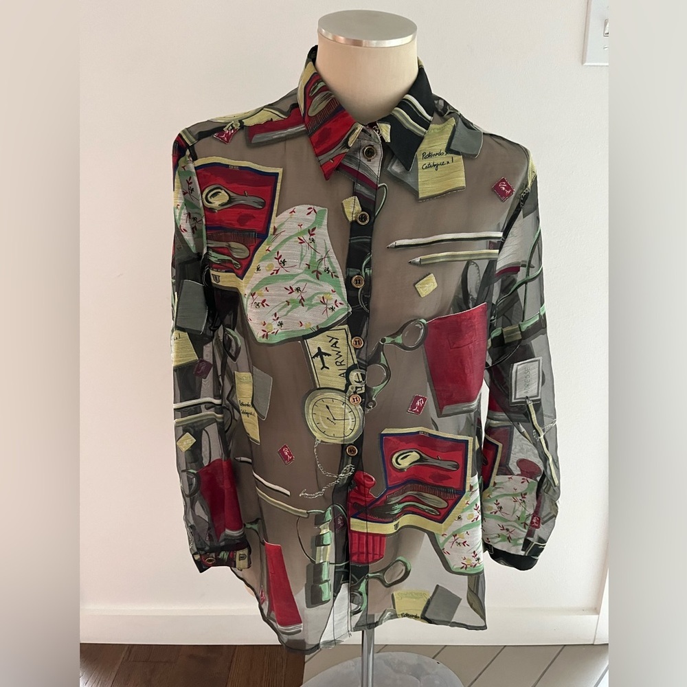 The Silver Connection Sheer Button Down with Travel Motifs